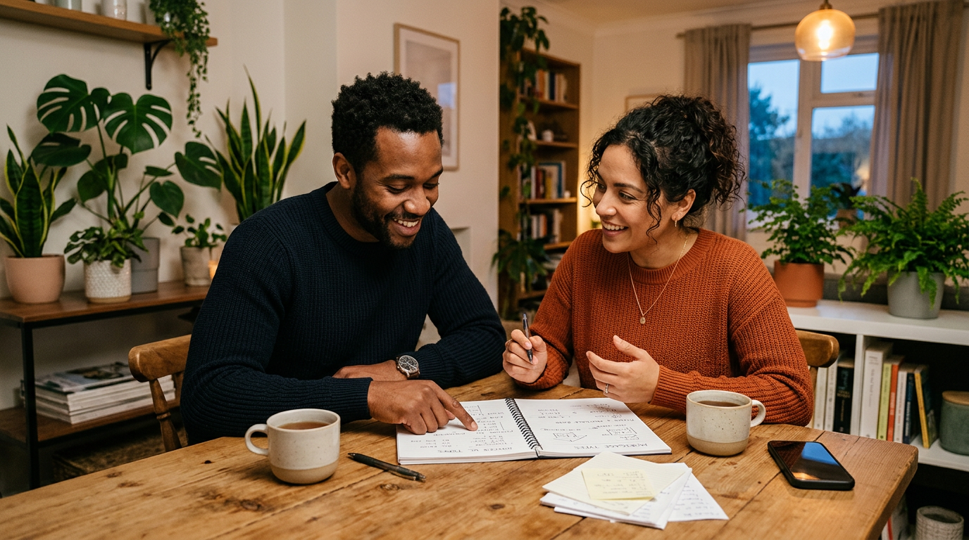 Couple at a dining table with a notebook discussing fixed versus adjustable loan tradeoffs
