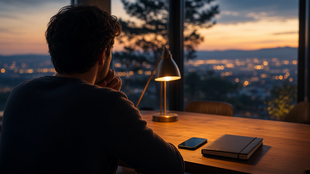 Person at a dining table in the evening, phone face down, city lights outside the window