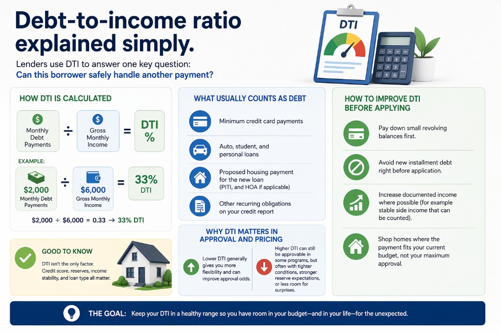 Infographic summarizing debt-to-income ratio calculation, debt categories, and practical ways to improve DTI.