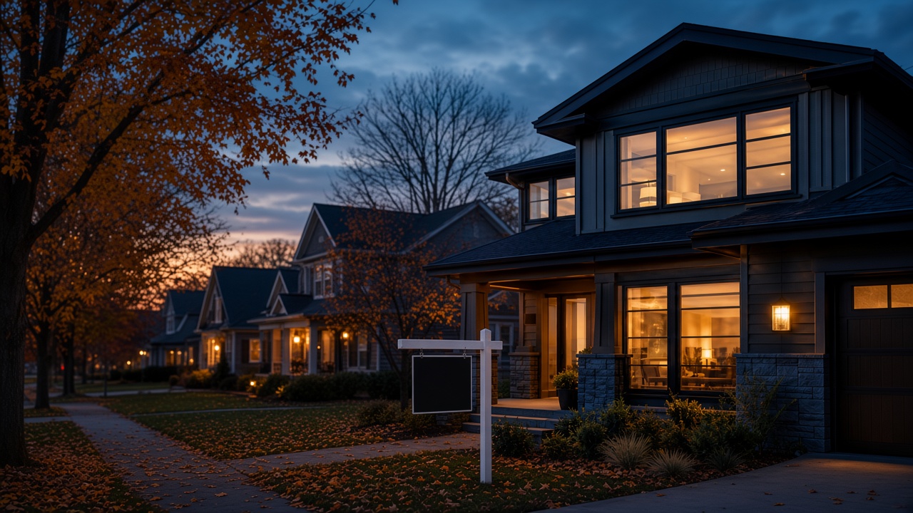 Autumn suburban street at dusk with a blank for-sale sign, suggesting a slower fall housing market