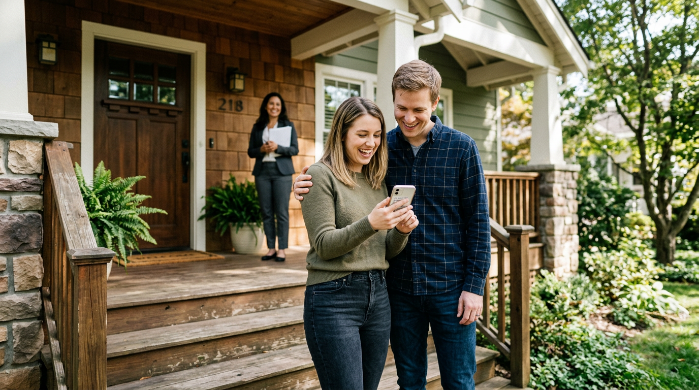 Excited couple on front steps of a home with a checklist, first-time buyer energy