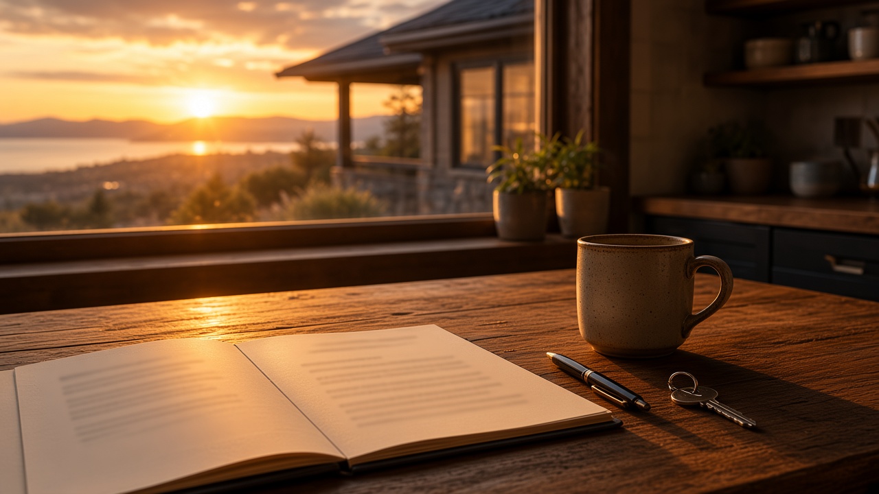 Kitchen table at golden hour with a loan folder, coffee, and a house key