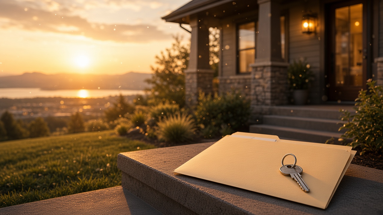 House key and a folder on a front porch step in warm evening light