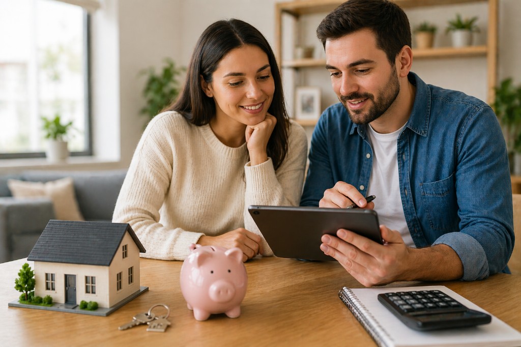 Couple reviewing home-buying numbers with savings and budgeting context for PMI decisions