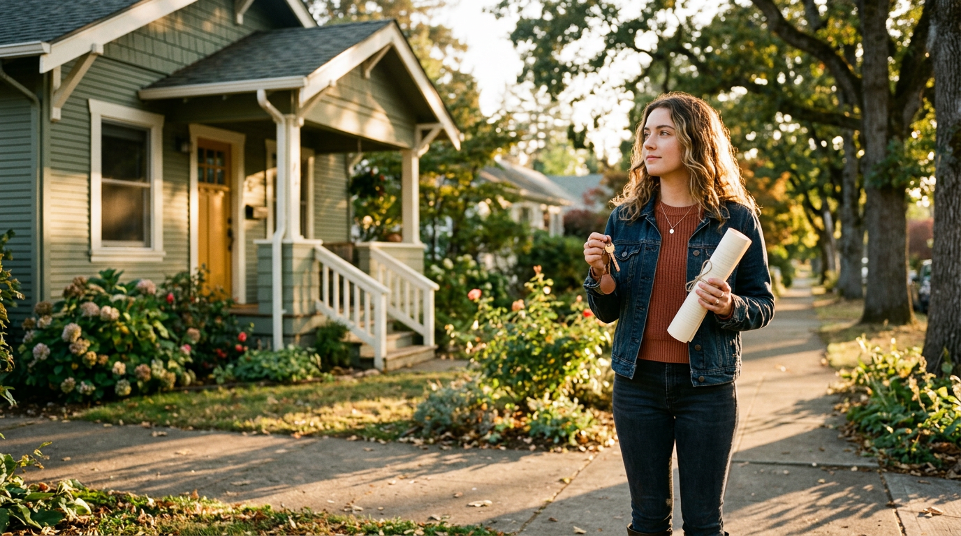 Person on a sunny sidewalk holding keys and lease papers, thoughtfully looking toward a small house