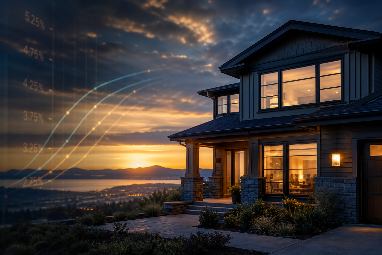 Cinematic golden-hour view of a home with subtle financial market light reflections, suggesting mortgage rates tied to broader markets
